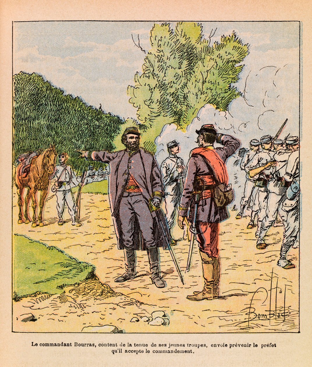 Eugene Sergeant, dit Grenest keleti hadserege, Louis Bombled (1862-1927) illusztrációjával (francia-német háború; 1870-1871-es hadjárat): Bourras ezredes a Brouvelieures-i harcok során 1870 októberében, magángyűjtemény. alkotó: Louis Charles Bombled