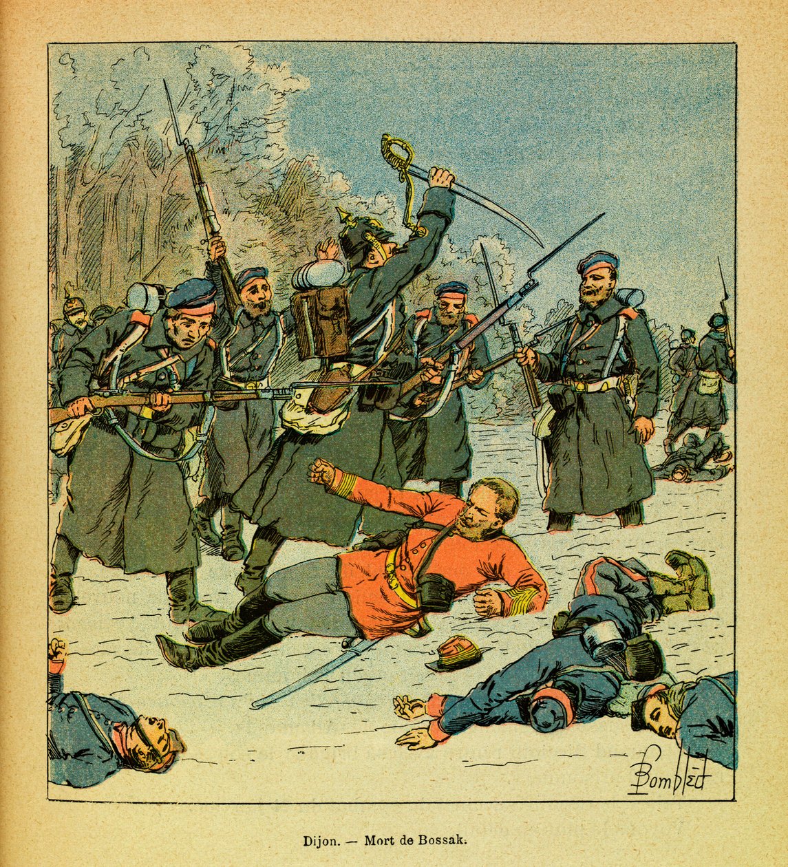 Eugene Sergeant, dit Grenest keleti hadserege, Louis Bombled (1862-1927) illusztrációjával (francia-német háború; 1870-1871-es hadjárat): Bossak-Hauke tábornok halála a "La Cap" nevű helyen. alkotó: Louis Charles Bombled