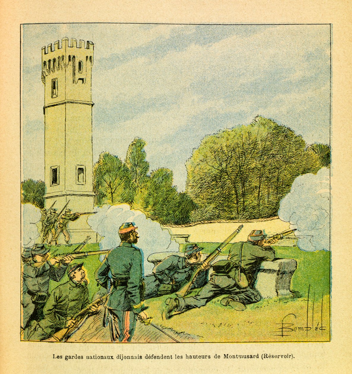 Eugene Sergeant keleti hadereje, Grenest mellett, Louis Bombled (1862-1927) illusztrálásával (francia-német háború; hadjárat 1870-1871): Dijon védelme 1870 októberében, a Dijonnais Nemzeti Gárda megvédi Montmusard magaslatát, közlegény Gyűjtemény alkotó: Louis Charles Bombled