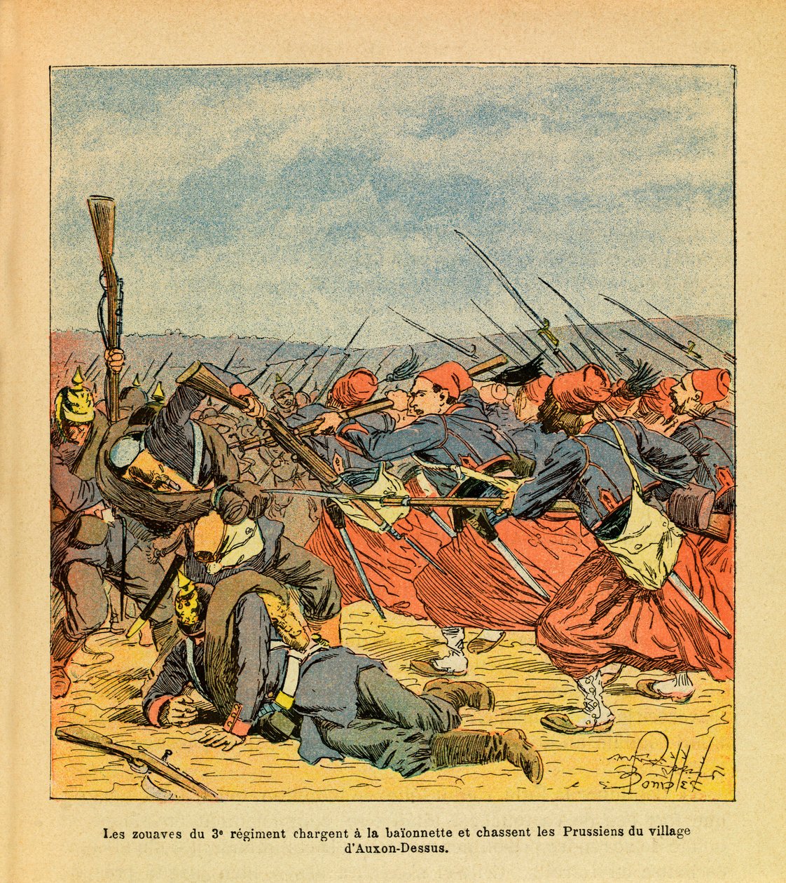 Eugene Sergeant keleti hadereje, Grenest mellett, Louis Bombled (1862-1927) illusztrálásával (francia-német háború; 1870-1871-es hadjárat): A 3. ezred zouái megtámadnak egy bajonettet, és kiűzik a poroszokat a faluból. Auxon-Dessus alatt t alkotó: Louis Charles Bombled
