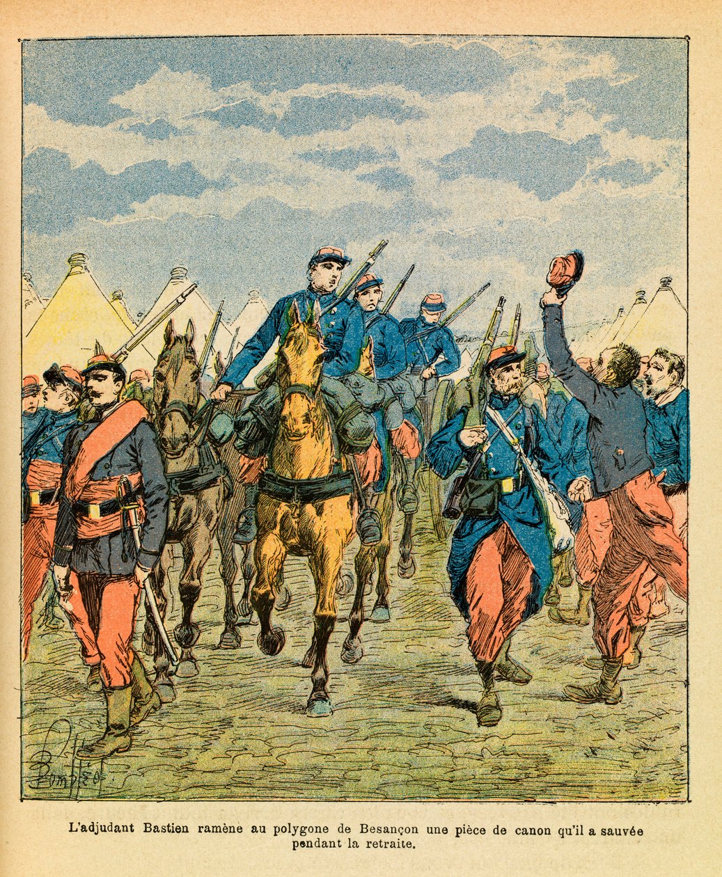 Eugene Sergeant, dit Grenest keleti hadserege, Louis Bombled (1862-1927) illusztrációjával (francia-német háború; 1870-1871-es hadjárat): Bastien őrmester a 32. menetből, a besanconi poligonba hozott egy ágyúdarabot, amelyet megmentett a háború alatt. alkotó: Louis Charles Bombled