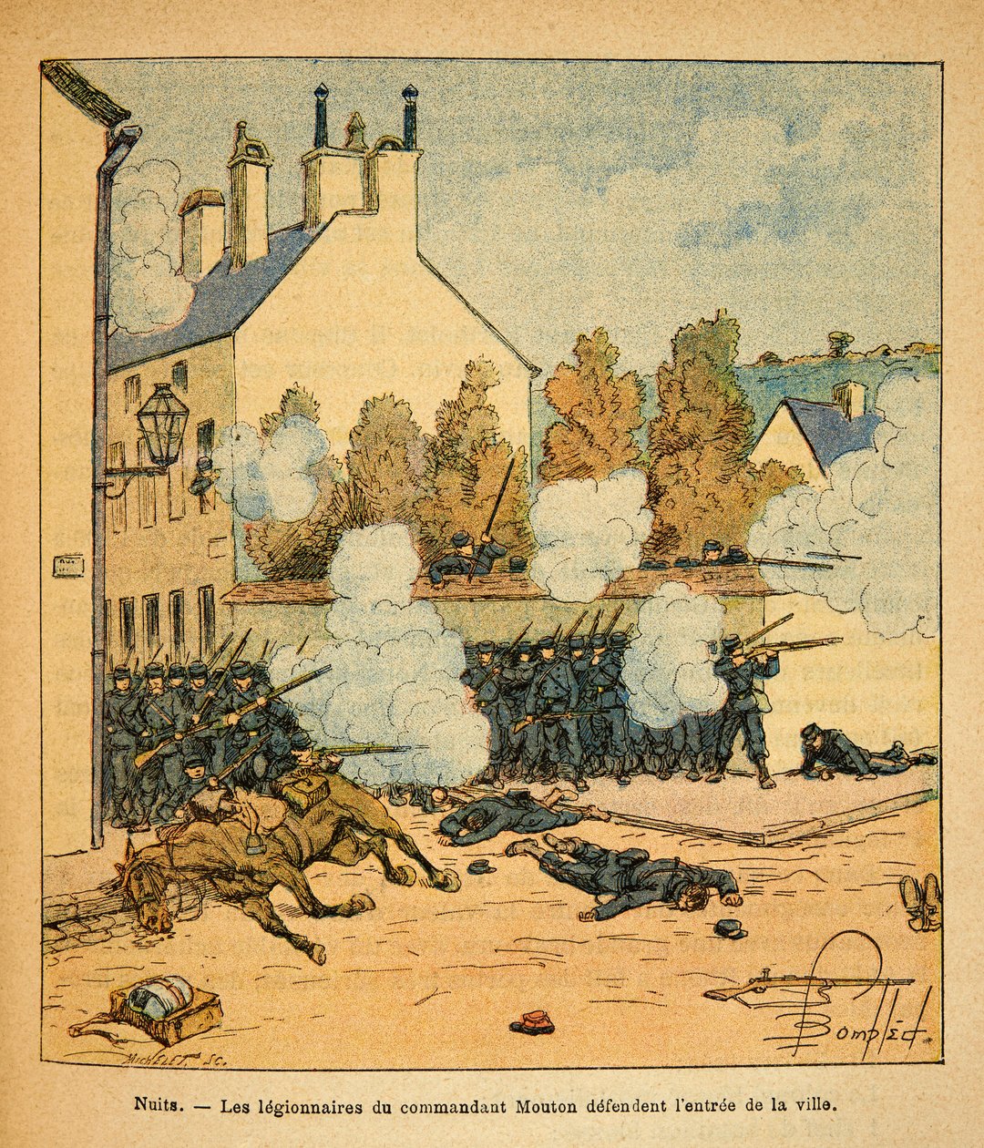 Eugene Sergeant keleti hadereje, Grenest néven, Louis Bombled (1862-1927) illusztrálásával (francia-német háború; hadjárat 1870-1871): Éjszakai csata Saint Georges, Mouton parancsnok légiósai védik a város bejáratát , Colle közlegény alkotó: Louis Charles Bombled