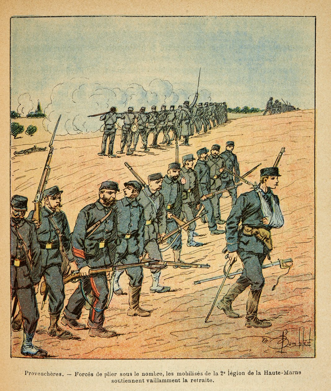 Eugene Sergeant keleti hadereje, Grenest néven, Louis Bombled (1862-1927) illusztrálásával (francia-német háború; hadjárat 1870-1871): Provencheresben a Felső-Marne 2. légiójának mozgósítása kénytelen volt visszavonulni. az ellenségek száma alkotó: Louis Charles Bombled