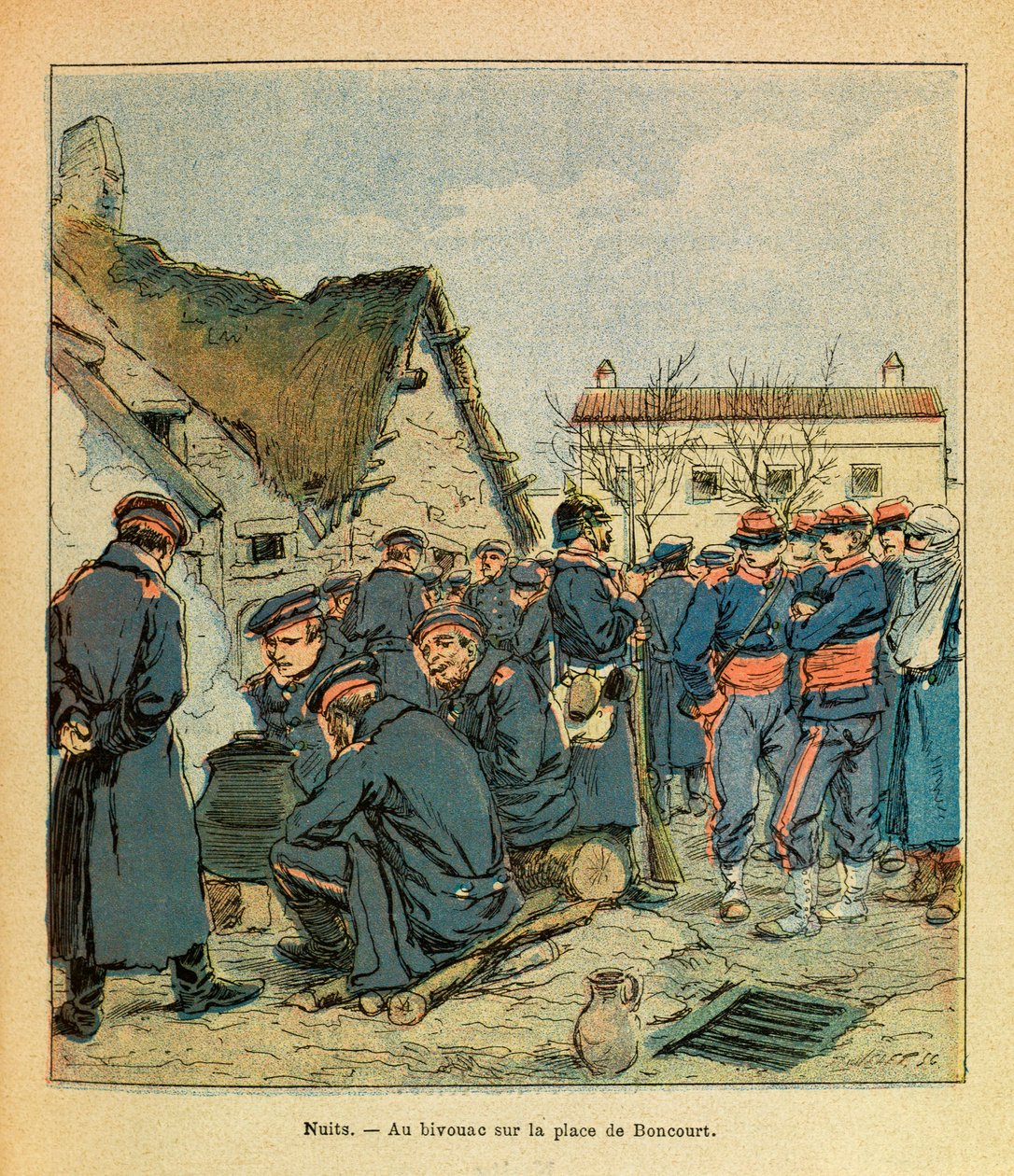 Eugene Sergeant keleti hadereje, Grenest néven, Louis Bombled (1862-1927) illusztrálásával (francia-német háború; hadjárat 1870-1871): Éjszakák csatája Saint Georges-ban, német bivak a Place de Boncourt-on francia foglyokkal, Magángyűjtemény alkotó: Louis Charles Bombled