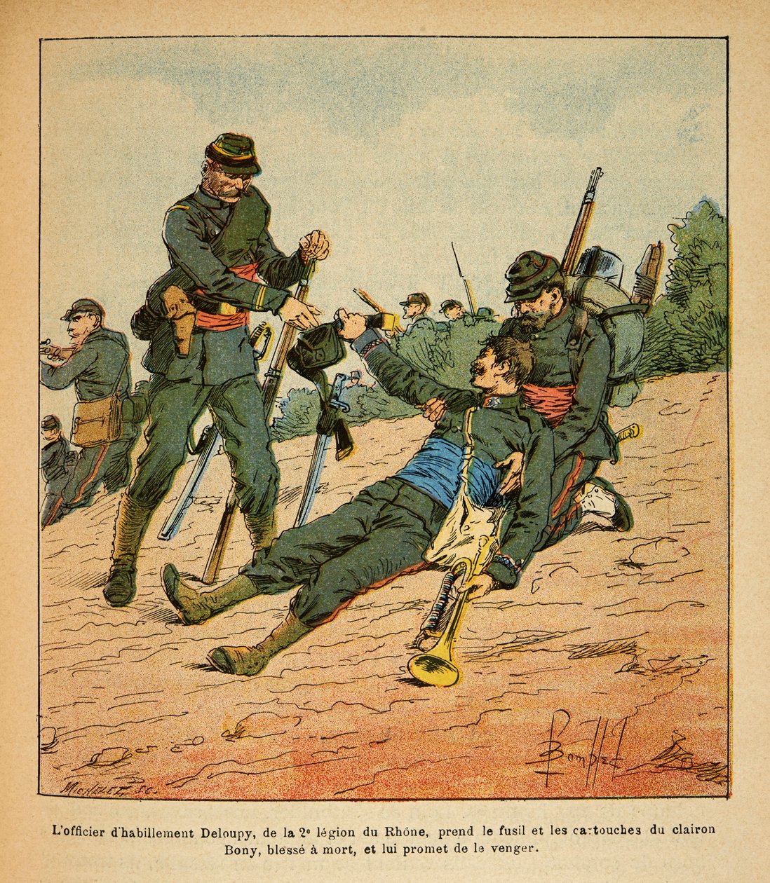 Eugene Sergeant keleti hadereje, Grenest néven, Louis Bombled (1862-1927) illusztrálásával (francia-német háború; hadjárat 1870-1871): Nuits Saint Georges-i csata, a 2. Rhone-i légió Deloupy ruházati tisztje veszi a puskát és a alkotó: Louis Charles Bombled