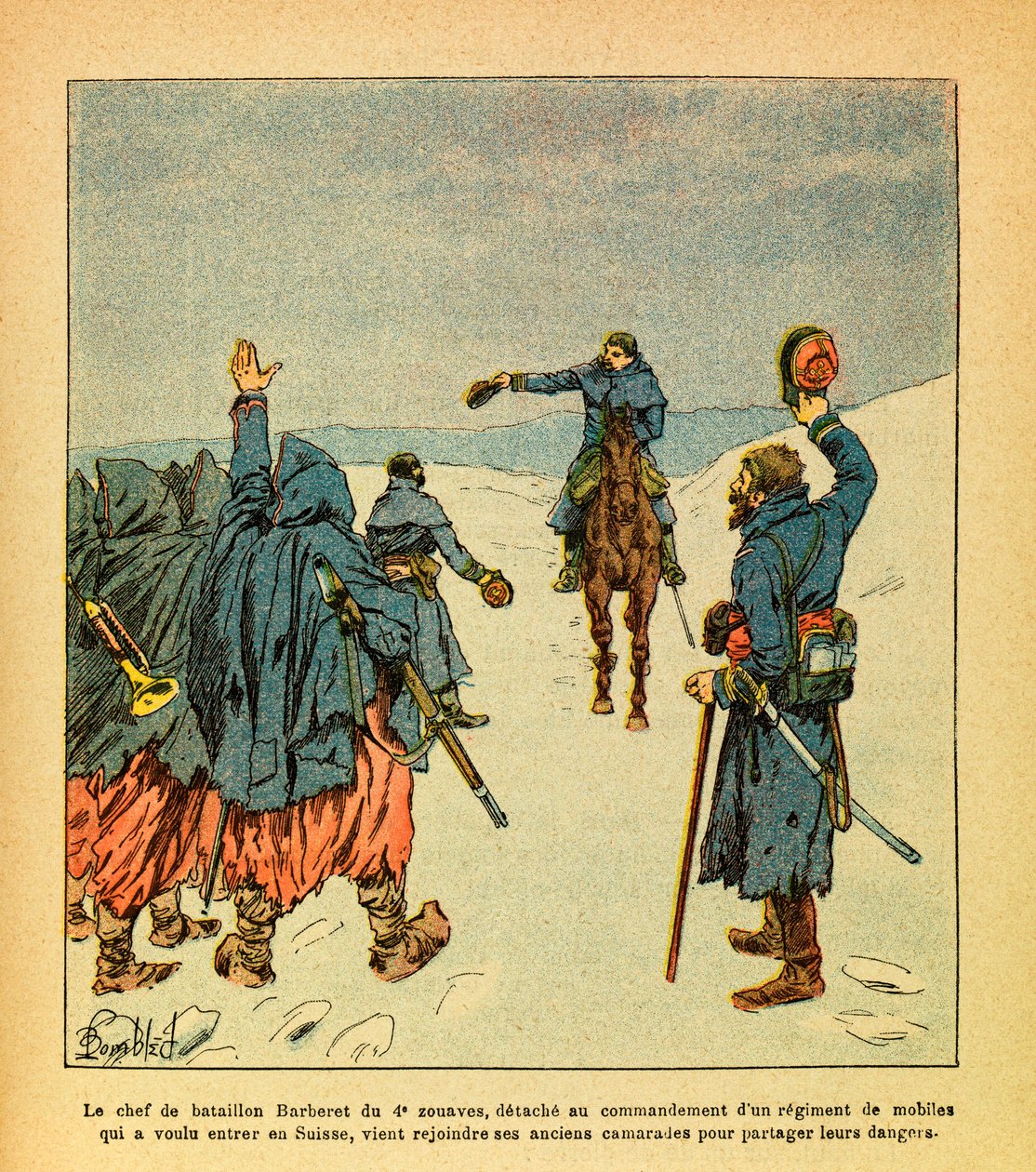 Eugene Sergeant keleti hadereje, Grenest néven, Louis Bombled (1862-1927) illusztrálásával (francia-német háború; hadjárat 1870-1871): A 4. Zouaves Barberet-zászlóaljak vezetője levált, hogy egy ezredet irányítsa. mobil, amely azt akarta alkotó: Louis Charles Bombled