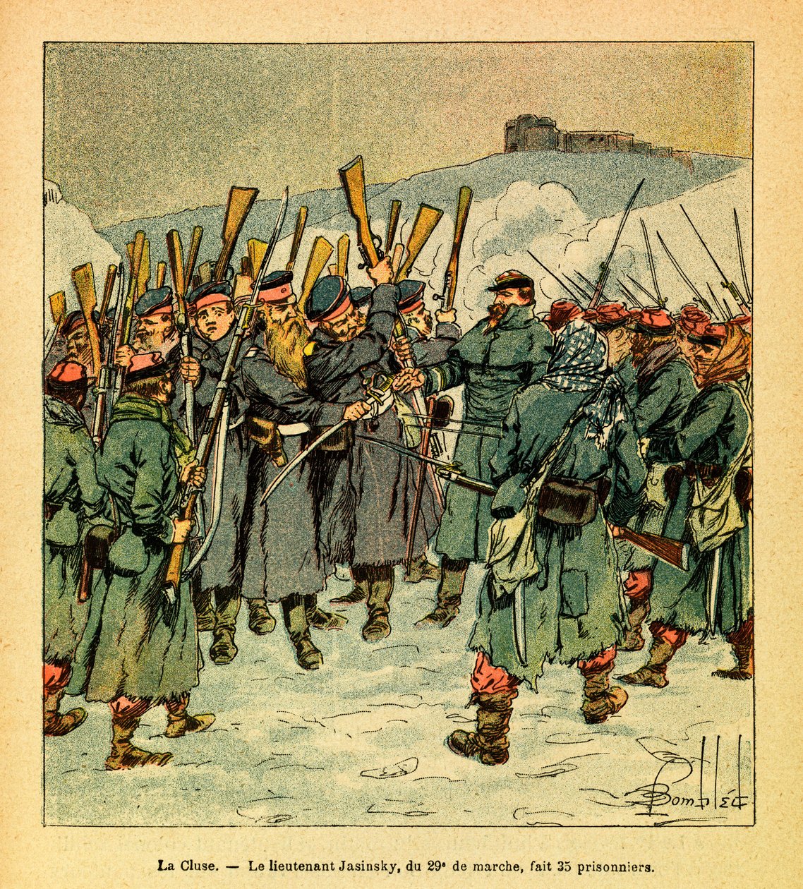 Eugene Sergeant keleti hadereje, Grenest néven, Louis Bombled (1862-1927) illusztrálásával (francia-német háború; hadjárat 1870-1871): 1871 februárja, az utolsó La Cluse-i harcok során Jasinsky hadnagy, március 29. 35 foglyot ejtett, priv alkotó: Louis Charles Bombled