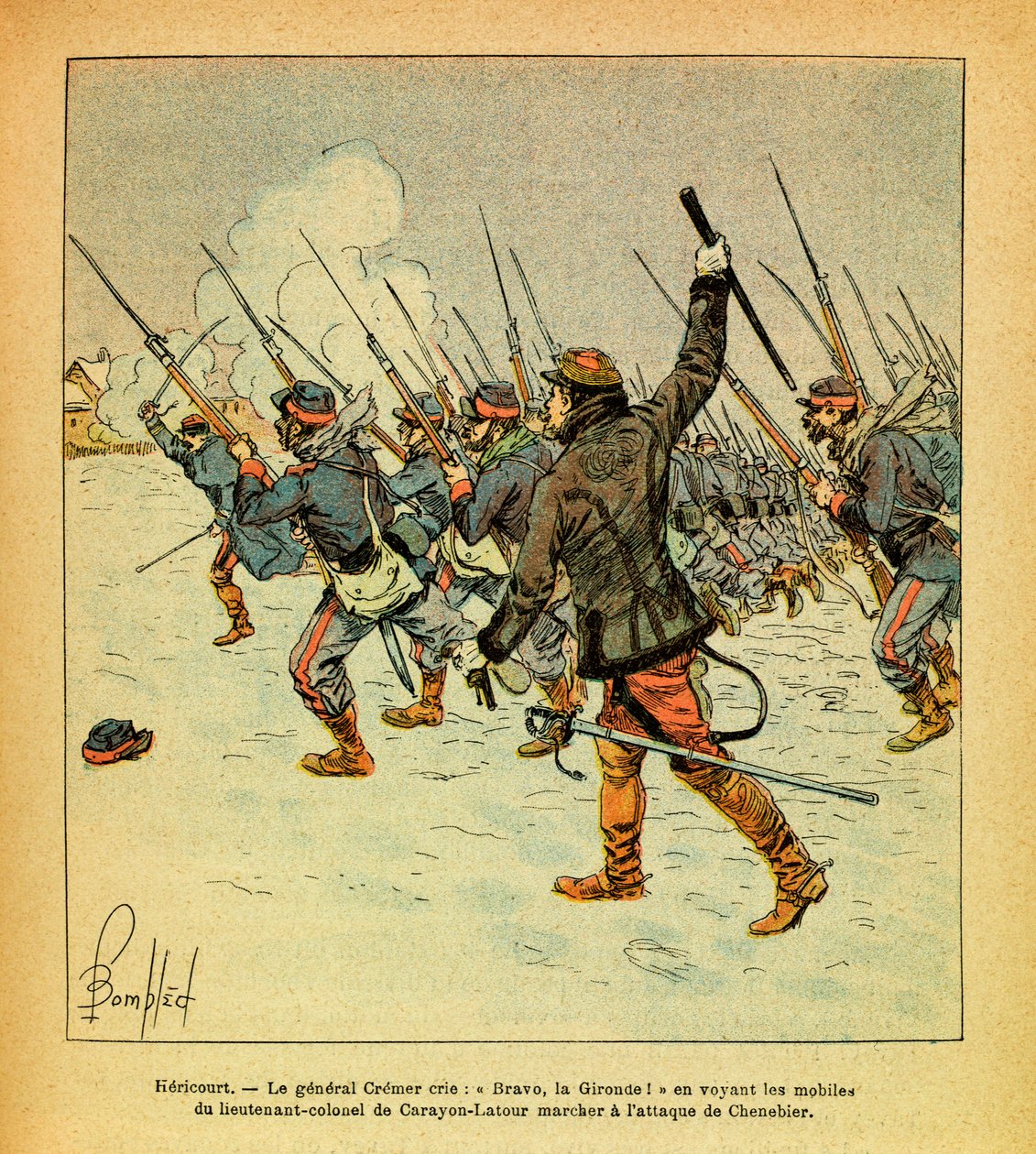 Eugene Sergeant keleti hadereje, Grenest néven, Louis Bombled (1862-1927) illusztrálásával (francia-német háború; 1870-1871 kampány): 1871. január, Hericourt, Cremer tábornok „Bravo, La Gironde”-t kiált, amikor meglát alezredes indítékai alkotó: Louis Charles Bombled
