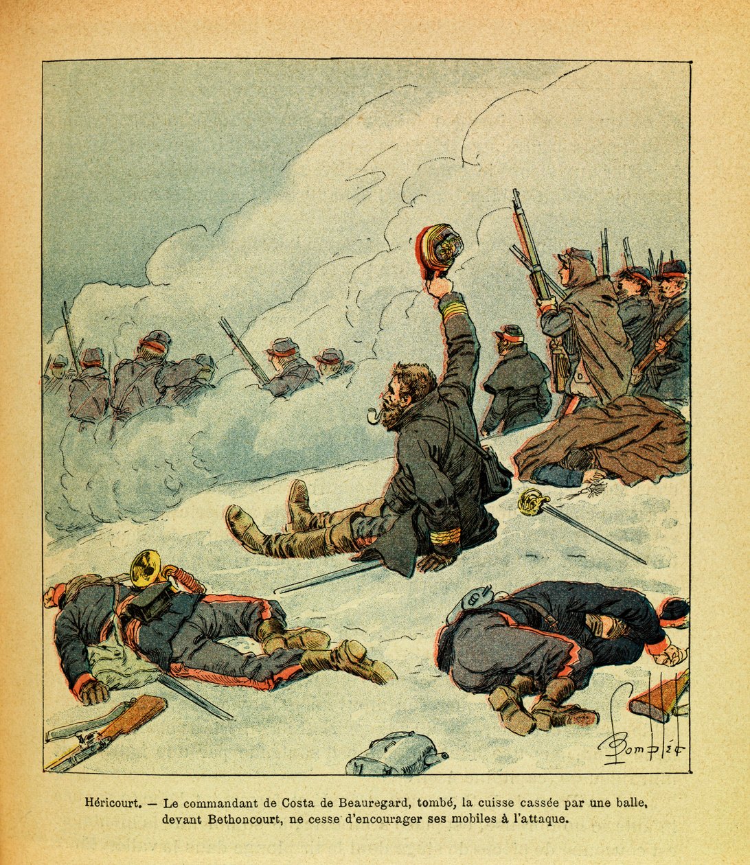 Eugene Sergeant keleti hadereje, Grenest néven, Louis Bombled (1862-1927) illusztrálásával (francia-német háború; hadjárat 1870-1871): 1871. január, Hericourt, Costa de Beauregard parancsnoka – elesik a combja. egy golyó Bet előtt alkotó: Louis Charles Bombled