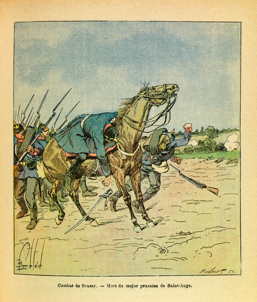 Eugene Sergeant keleti hadereje, Grenest néven, Louis Bombled (1862-1927) illusztrálásával (francia-német háború; hadjárat 1870-1871): 1870 novemberében, a brazeyi csaták során lelövik a porosz Saint Ange őrnagyot, Magángyűjtemény alkotó: Louis Charles Bombled