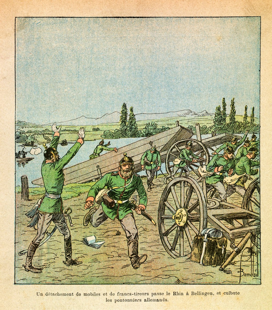 Eugene Sergeant keleti hadereje, Grenest néven, Louis Bombled (1862-1927) illusztrálásával (francia-német háború; hadjárat 1870-1871): A francia indítékok és mesterlövészek csapata átkelt a Rajnán, és megrázta a német hídmunkásokat, Private Collecti alkotó: Louis Charles Bombled