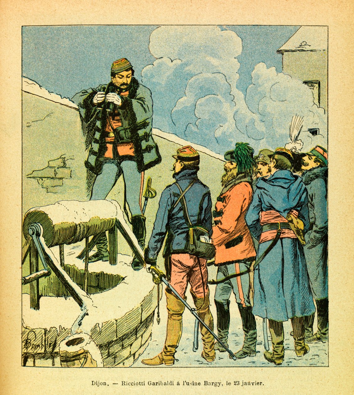 Eugene Sergeant keleti hadereje, Grenest néven, Louis Bombled (1862-1927) illusztrálásával (francia-német háború; hadjárat 1870-1871): Dijon, Ricciotti Garibaldi a Bargy gyárban január 23-án alkotó: Louis Charles Bombled
