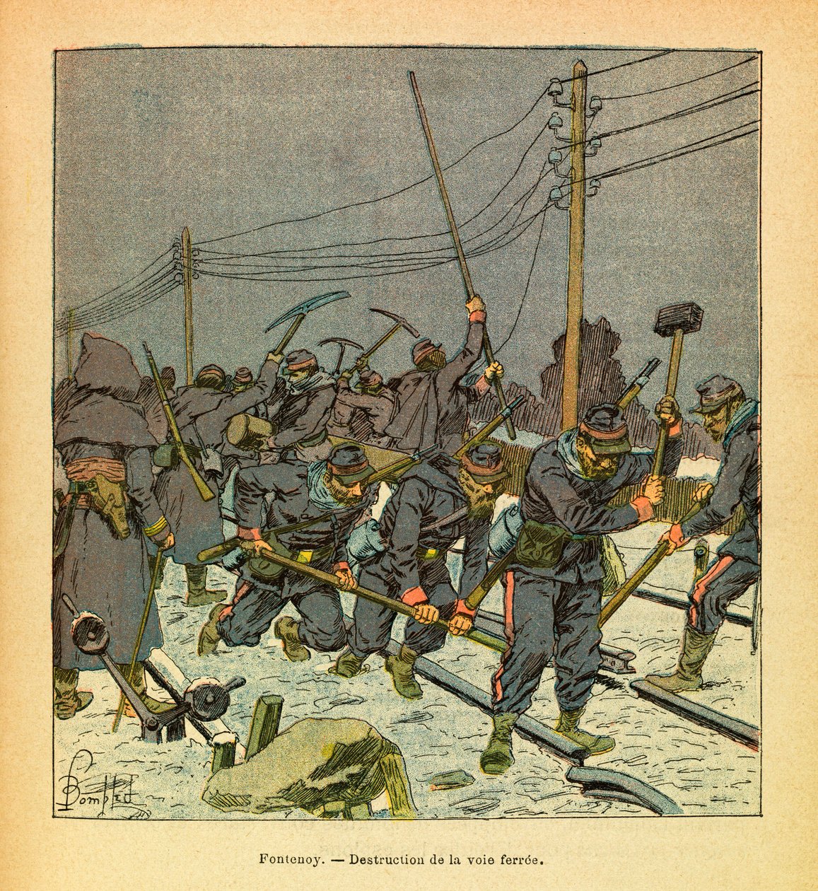 Eugene Sergeant keleti hadereje, Grenest néven, Louis Bombled (1862-1927) illusztrálásával (francia-német háború; hadjárat 1870-1871): Fontenoy, a vasút megsemmisítése, Magángyűjtemény alkotó: Louis Charles Bombled
