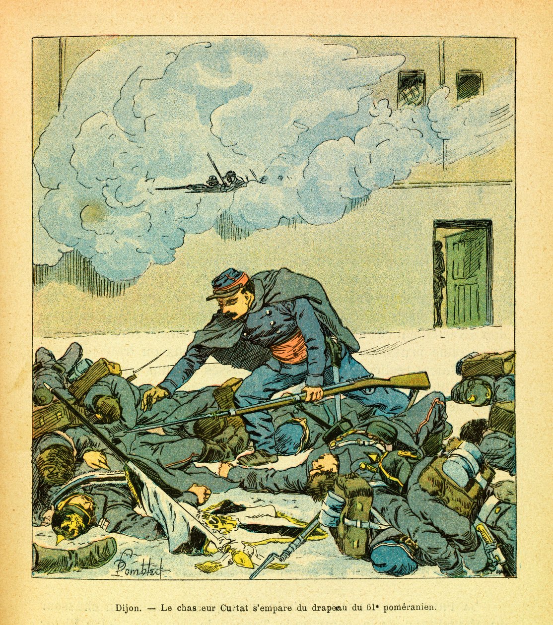 Eugene Sergeant keleti hadereje, Grenest néven, Louis Bombled (1862-1927) illusztrálásával (francia-német háború; hadjárat 1870-1871): Dijon, 1871. január, Victor Curtat vadász elfoglalta a 61-es pomerániai zászlaját, közlegény Gyűjtemény alkotó: Louis Charles Bombled