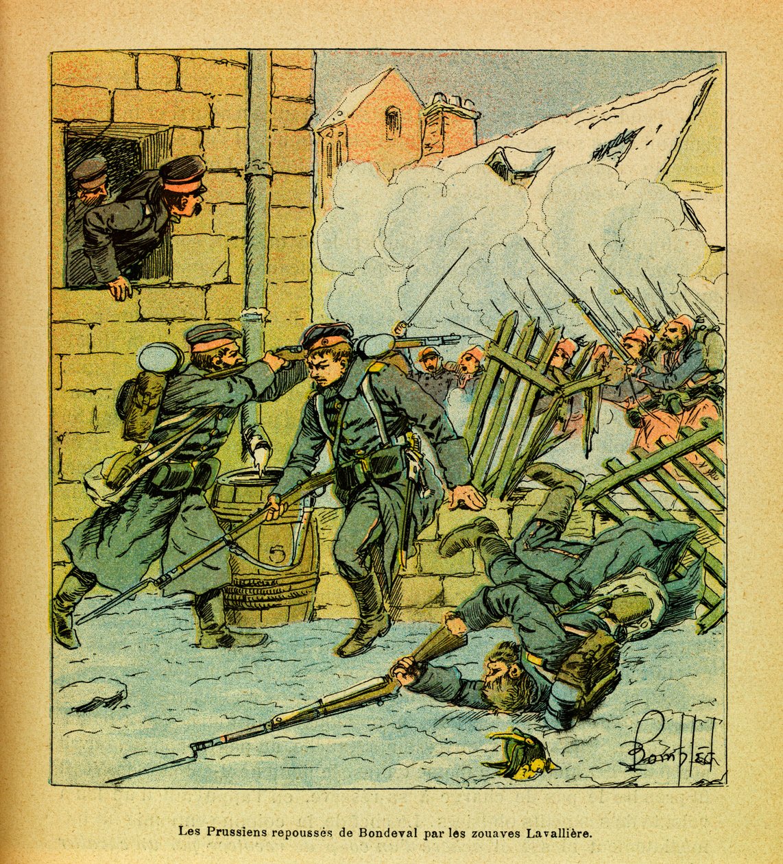 Eugene Sergeant keleti hadereje, Grenest néven, Louis Bombled (1862-1927) illusztrálásával (francia-német háború; hadjárat 1870-1871): 1871. január, a poroszok a Zouaves Lavalliere által visszaszorították Bondeval falut, Magángyűjtemény alkotó: Louis Charles Bombled