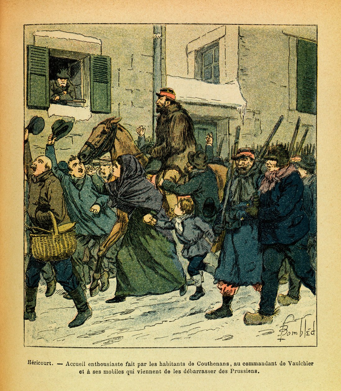 Eugene Sergeant keleti hadereje, Grenest néven, Louis Bombled (1862-1927) illusztrálásával (francia-német háború; 1870-1871 kampány): 1871. január, Hericourt, Couthenans lakóinak lelkesedése a parancsnokhoz Vaulchier és m alkotó: Louis Charles Bombled
