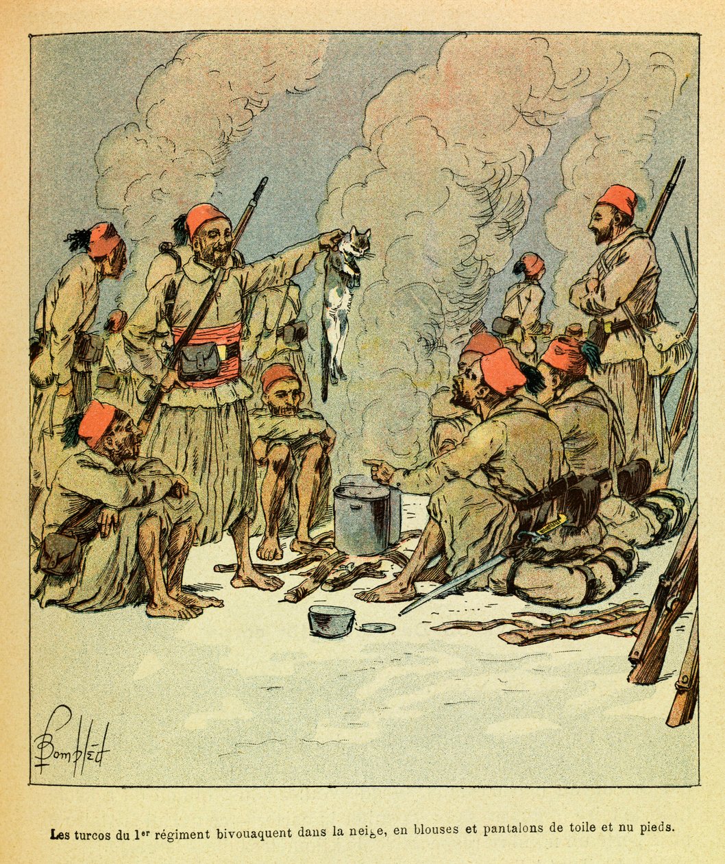 Eugene Sergeant keleti hadereje, Grenest néven, Louis Bombled (1862-1927) illusztrálásával (francia-német háború; 1870-1871-es hadjárat): 1871. január, az 1. ezred turcói hóban, blúzokban és vászon nadrág és csupasz díj alkotó: Louis Charles Bombled