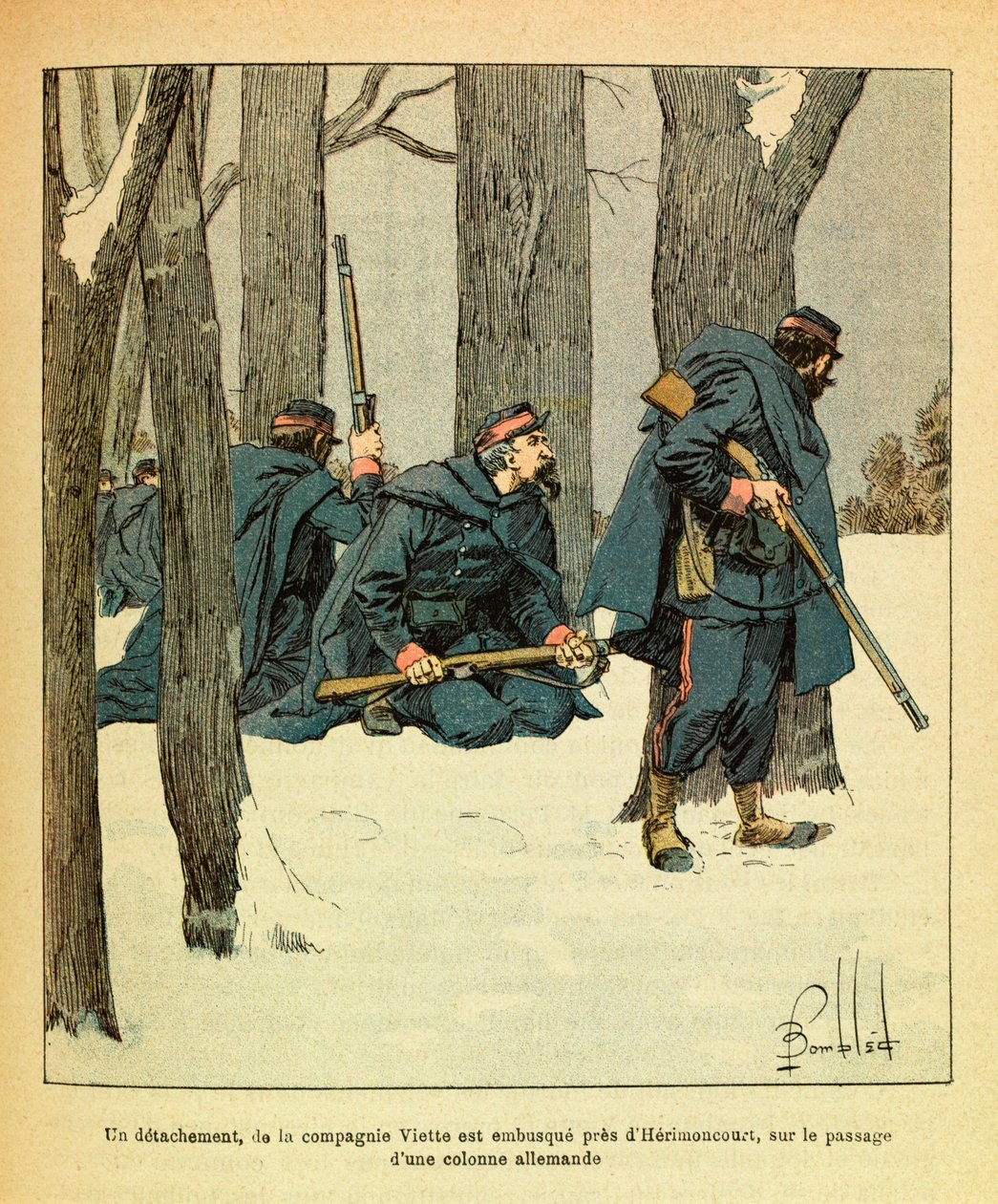 Eugene Sergeant keleti hadereje, Grenest néven, Louis Bombled (1862-1927) által illusztrálva (francia-német háború; hadjárat 1870-1871): 1871 januárjában a Viette Társaság egy különítményét lesben csapták Herimoncourt közelében, a folyosón. egy német oszlo alkotó: Louis Charles Bombled
