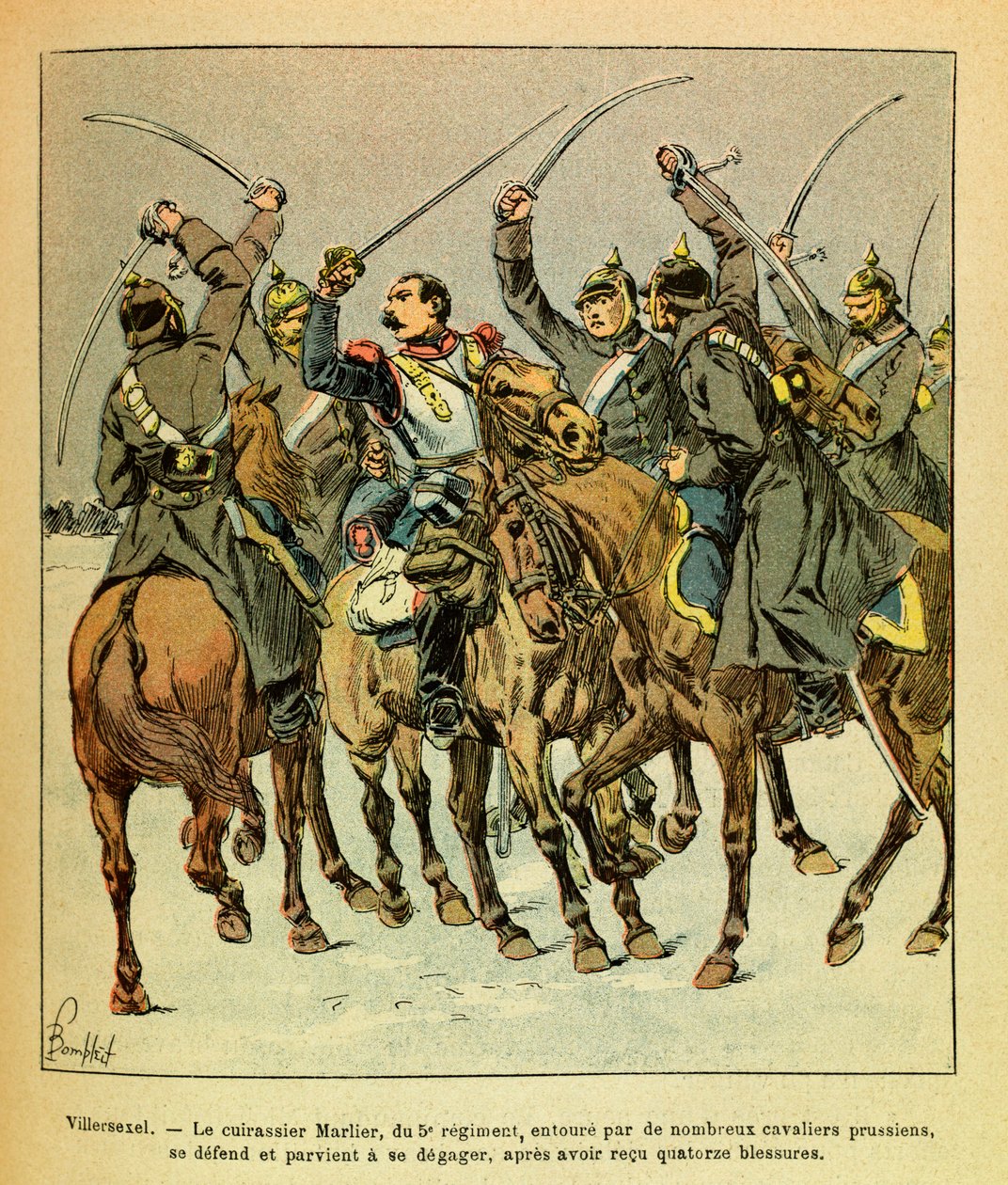 Eugene Sergeant keleti hadereje, Grenest néven, Louis Bombled (1862-1927) illusztrálásával (francia-német háború; hadjárat 1870-1871): A villersexeli csata során az 5. ezred Marlier csatahajója, poroszok által körülvéve , sikerült alkotó: Louis Charles Bombled