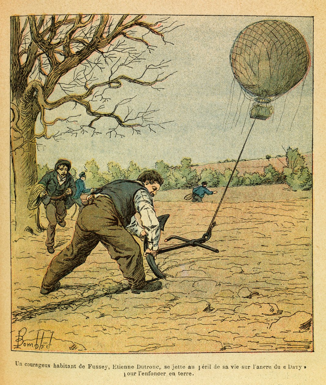 Eugene Sergeant keleti hadereje, Grenest néven, Louis Bombled (1862-1927) illusztrálásával (francia-német háború; hadjárat 1870-1871): Éjszakai csata Saint Georges-ban; a parasztok egy megfigyelő léggömböt próbálnak tartani, Magángyűjteményt alkotó: Louis Charles Bombled