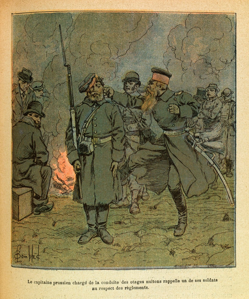 Eugene Sergeant keleti hadereje, Grenest néven, Louis Bombled (1862-1927) illusztrálásával (francia-német háború; 1870-1871-es hadjárat): A Nuits Saint Georges túszainak levezetéséért felelős porosz kapitány emlékeztet egy katonái közül a c alkotó: Louis Charles Bombled
