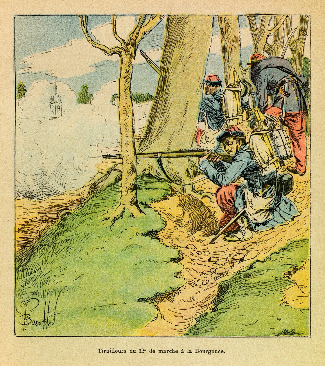 Eugene Sergeant keleti hadereje, Grenest néven ismert, Louis Bombled (1862-1927) illusztrálásával (francia-német háború; 1870-1871-es hadjárat): Dupre tábornok parancsa alatt, a 32. felvonulás cipésze a csatában La Bourgonce 1870 októberében, Priva alkotó: Louis Charles Bombled