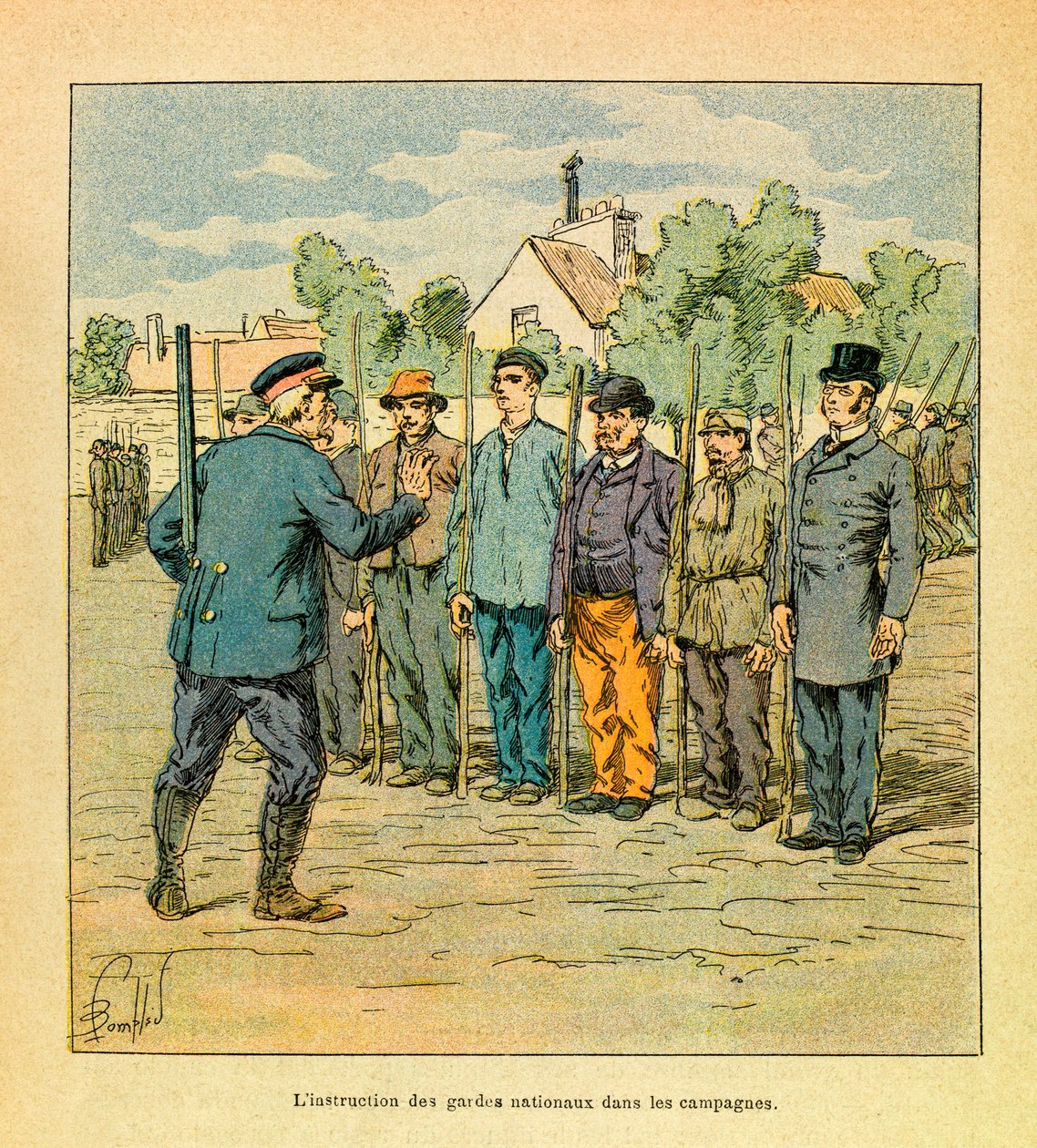Eugene Sergeant keleti hadereje, Grenest néven, Louis Bombled (1862-1927) illusztrálásával (francia-német háború; hadjárat 1870-1871): Nemzetőrök képzése a terület védelmét szolgáló hadjáratokban, Magángyűjtemény alkotó: Louis Charles Bombled