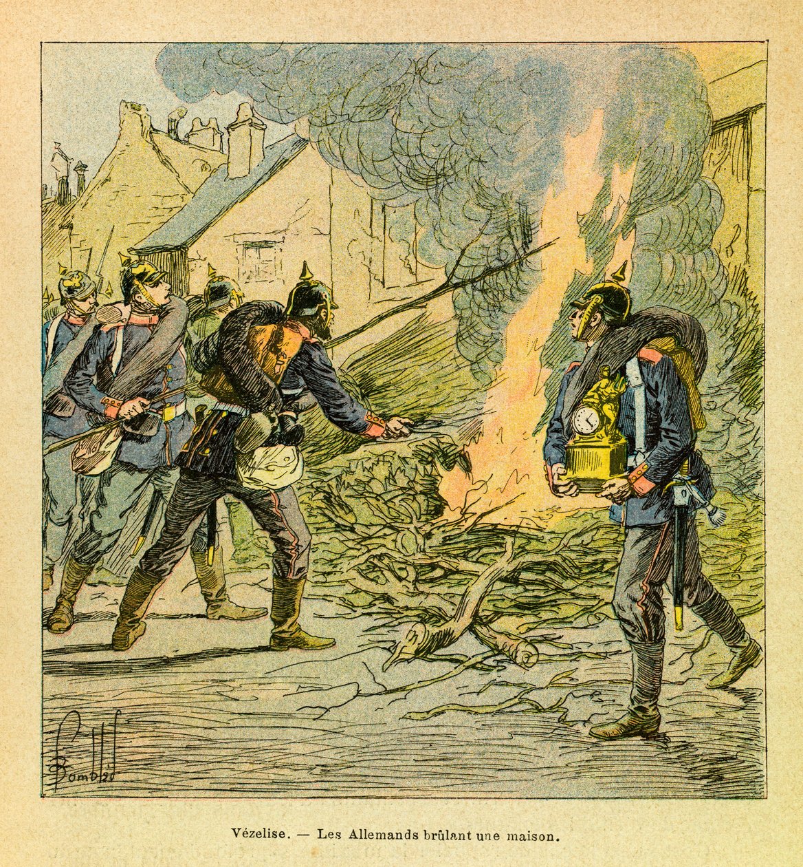 Eugene Sergeant keleti hadereje, Grenest néven, Louis Bombled (1862-1927) illusztrálásával (francia-német háború; 1870-1871-es hadjárat): Vezelise-ben a poroszok a város megszállása után felgyújtanak egy házat, Magángyűjtemény alkotó: Louis Charles Bombled