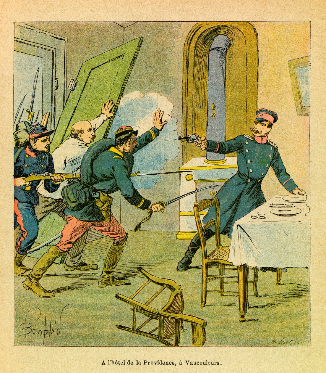 Eugene Sergeant keleti hadereje, Grenest néven, Louis Bombled (1862-1927) illusztrálásával (francia-német háború; hadjárat 1870-1871): Egy porosz tiszt, aki francia indítékok fogságába esett Vaucouleurs-ben, magángyűjtemény alkotó: Louis Charles Bombled