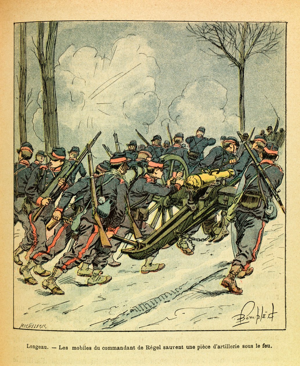 Eugene Sergeant keleti hadereje, Grenest néven, Louis Bombled (1862-1927) illusztrálásával (francia-német háború; hadjárat 1870-1871): 1870 decemberében, a longeau-i csata során a Regel parancsnokának indítékai mentették meg ágyú az ellenséges fenyő alatt alkotó: Louis Charles Bombled