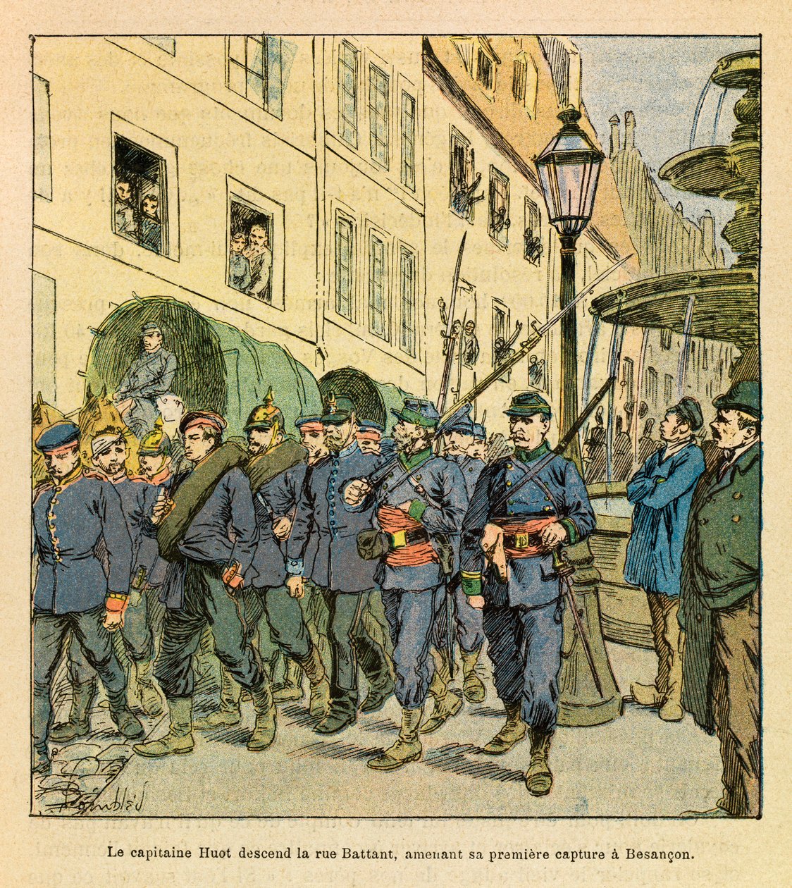 Eugene Sergeant keleti hadereje, Grenest néven, Louis Bombled (1862-1927) illusztrálásával (francia-német háború; 1870-1871-es hadjárat): Huot kapitány leereszkedik a Rue Battant besanconi utcára, és porosz foglyokat fogtak el Bethoncourt-ban, októberben. alkotó: Louis Charles Bombled