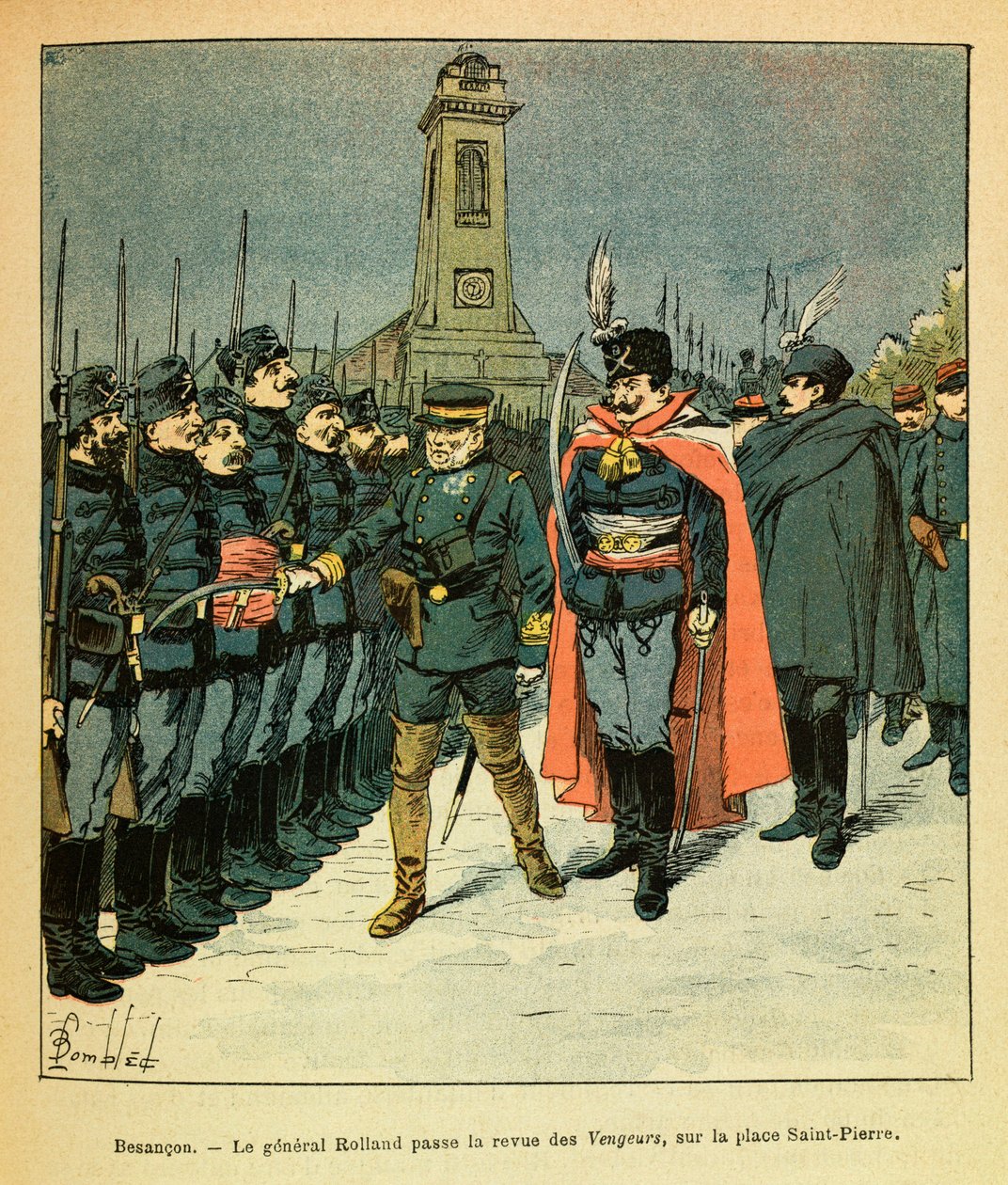 Eugene Sergeant keleti serege, Grenest néven, Louis Bombled (1862-1927) illusztrálásával (francia-német háború; 1870-1871-es hadjárat): Besanconban Rolland tábornok áttekinti a Malicki megbízásából a „Bosszúállók” céget, a magángyűjteményt. alkotó: Louis Charles Bombled