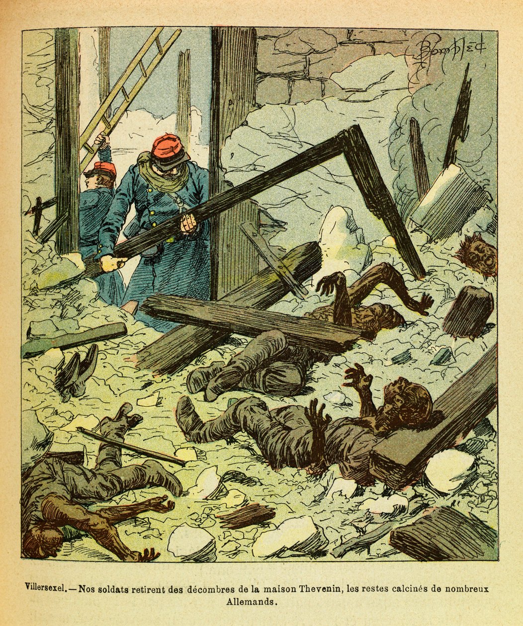 Eugene Sergeant keleti hadereje, Grenest néven, Louis Bombled (1862-1927) illusztrálásával (francia-német háború; hadjárat 1870-1871): 1871. január, Villersexeli csata, a francia katonák eltávolítják egy házból a németek maradványait katonák, közlegény C alkotó: Louis Charles Bombled