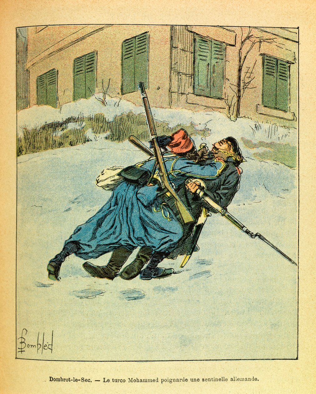 Eugene Sergeant keleti hadereje, Grenest néven, Louis Bombled (1862-1927) illusztrálásával (francia-német háború; 1870-1871-es hadjárat): Dombrot Le Secnél a török Mohammed leszúr egy német őrszemet, Magángyűjtemény alkotó: Louis Charles Bombled