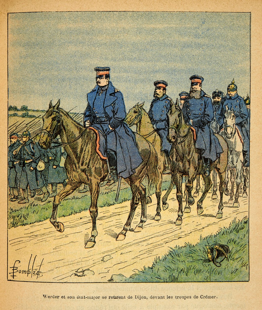Eugene Sergeant keleti hadserege, Grenest néven, Louis Bombled (1862-1927) illusztrációjával (francia-német háború; 1870-1871-es hadjárat): Werder tábornok és dijoni vezérkara Cremer tábornok csapatai előtt, magángyűjtemény. alkotó: Louis Charles Bombled
