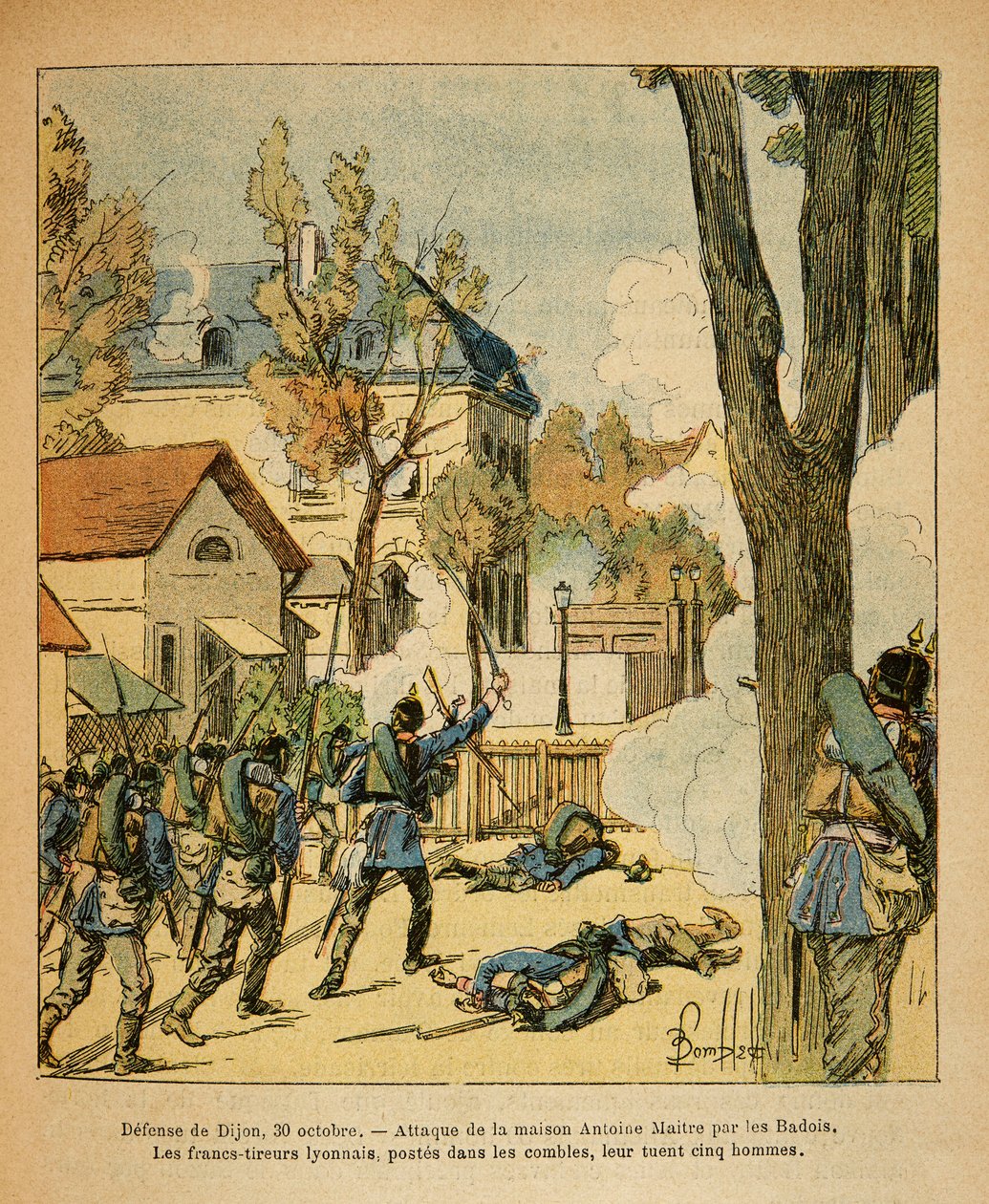 Eugene Sergeant keleti hadserege, Grenest néven, Louis Bombled (1862-1927) illusztrációjával (francia-német háború; 1870-1871-es hadjárat): Dijon védelme október 30-án alkotó: Louis Charles Bombled