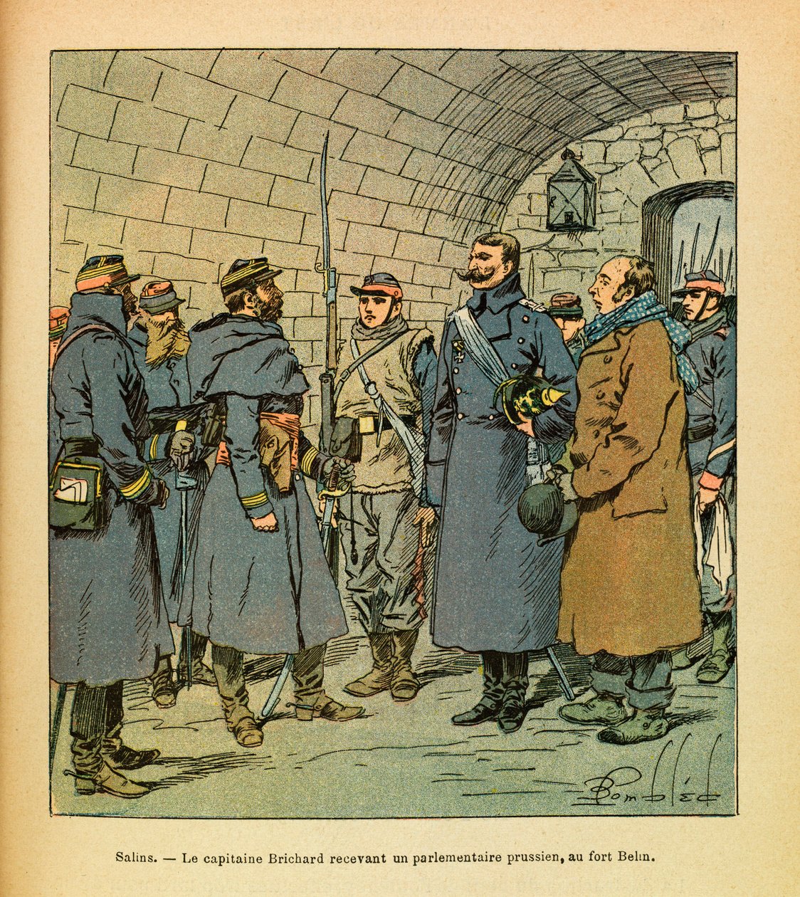 Eugene Sergeant keleti hadserege, Grenest néven, Louis Bombled (1862-1927) illusztrációjával (francia-német háború; 1870-1871-es hadjárat): Salins, Brichard kapitány egy porosz parlamenti képviselőt fogad a Belin erődben a Salins les Bains-ben, magángyűjte alkotó: Louis Charles Bombled