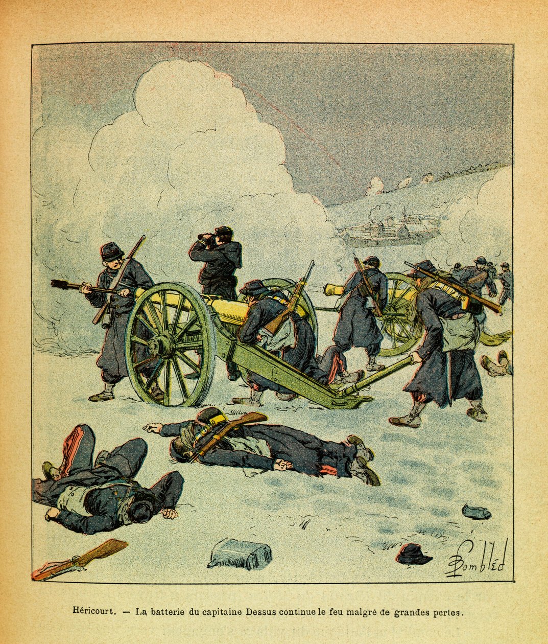 Eugene Sergeant keleti hadereje, Grenest néven, Louis Bombled (1862-1927) illusztrálásával (francia-német háború; hadjárat 1870-1871): 1871. január, Hericourt, Dessus kapitány ütege folytatja a nagy veszteségek tüzét, Magángyűjtemény alkotó: Louis Charles Bombled