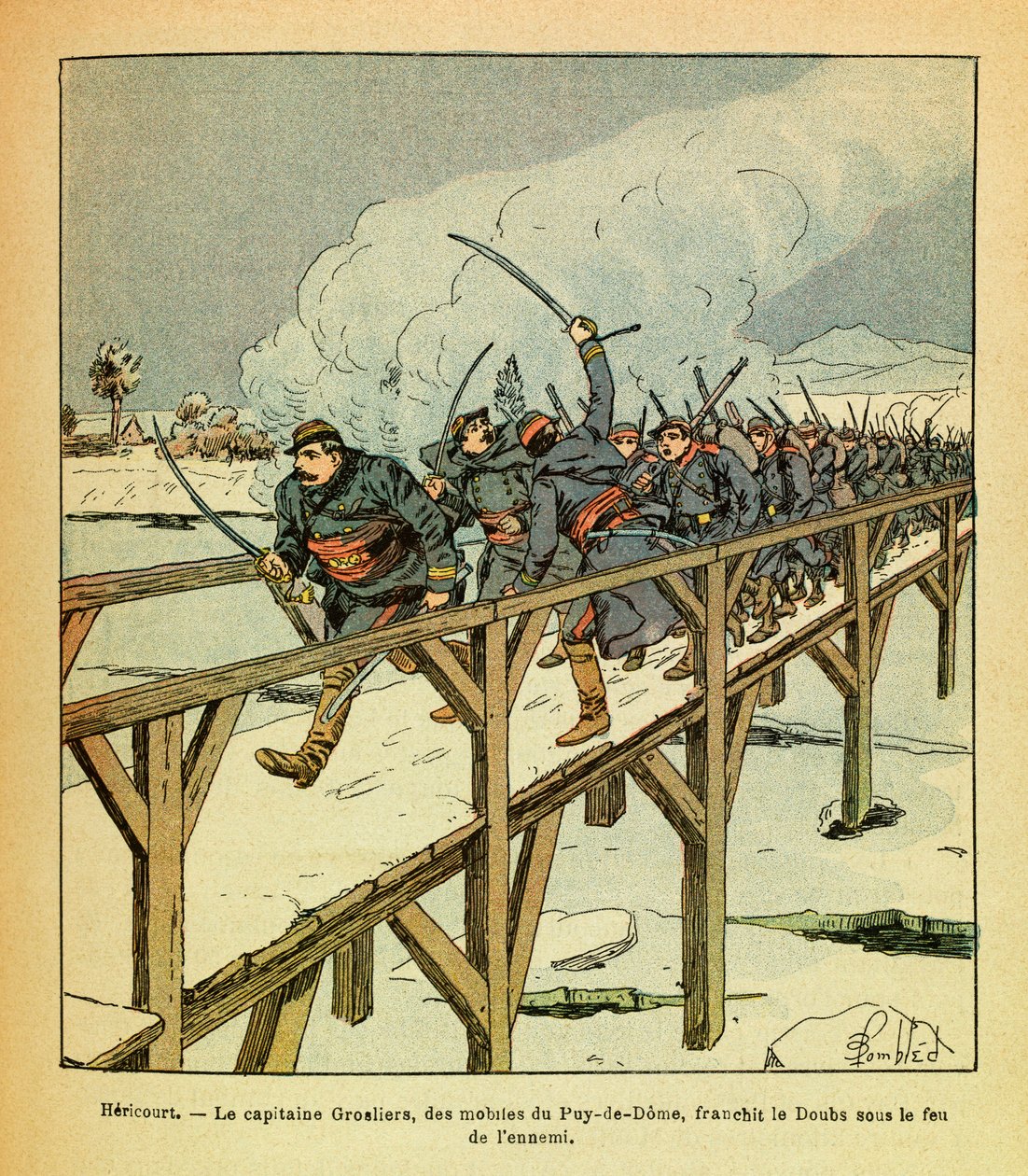 Eugene Sergeant keleti hadereje, Grenest néven, Louis Bombled (1862-1927) illusztrálásával (francia-német háború; 1870-1871 kampány): 1871. január, Hericourt, Grosliers kapitány és a Puy de Dome motívumai átkelnek a Doubs-on ellenséges tűz alatt, közlegény alkotó: Louis Charles Bombled