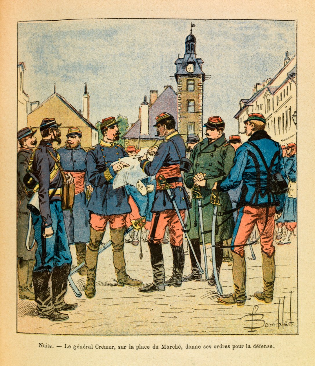 Eugene Sergeant keleti hadereje, Grenest néven, Louis Bombled (1862-1927) illusztrálásával (francia-német háború; hadjárat 1870-1871): Nuits Saint Georges-i csata; Cremer tábornok a Marche téren kiadja a védekezésre vonatkozó parancsot, 1870. december, Pr alkotó: Louis Charles Bombled