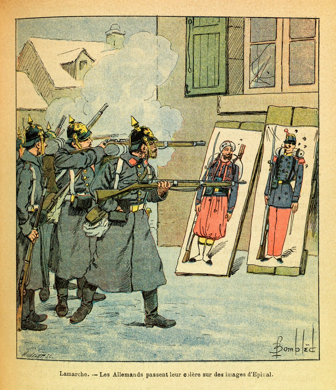 Eugene Sergeant keleti hadereje, Grenest néven, Louis Bombled (1862-1927) illusztrálásával (francia-német háború; hadjárat 1870-1871): Lamarche-ban a német katonák haragjukat Epinal képeivel töltik, részleges gyűjtemény alkotó: Louis Charles Bombled