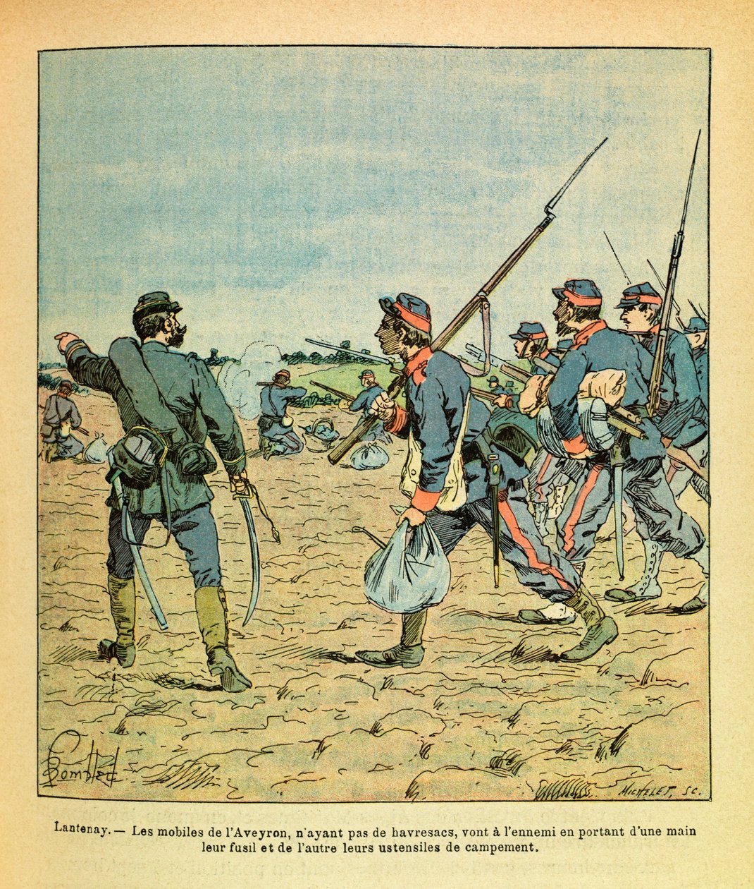Eugene Sergeant keleti hadereje, Grenest néven, Louis Bombled (1862-1927) illusztrálásával (francia-német háború; hadjárat 1870-1871): Lantenay-i csata 1870 novemberében, az Aveyron mobiltelefonok havresac nélkül az ellenséghez mennek hordozó ri alkotó: Louis Charles Bombled