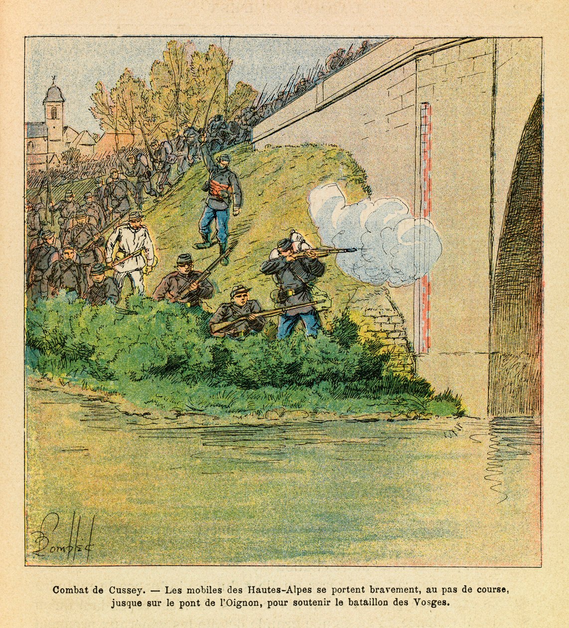 Eugene Sergeant keleti hadereje, Grenest néven, Louis Bombled (1862-1927) illusztrálásával (francia-német háború; hadjárat 1870-1871): A Les mobiles des Hautes Alpes kezet nyújt a Vogézek zászlóaljának a Vogézek harcai során. Cussey az Ognonon (dou alkotó: Louis Charles Bombled