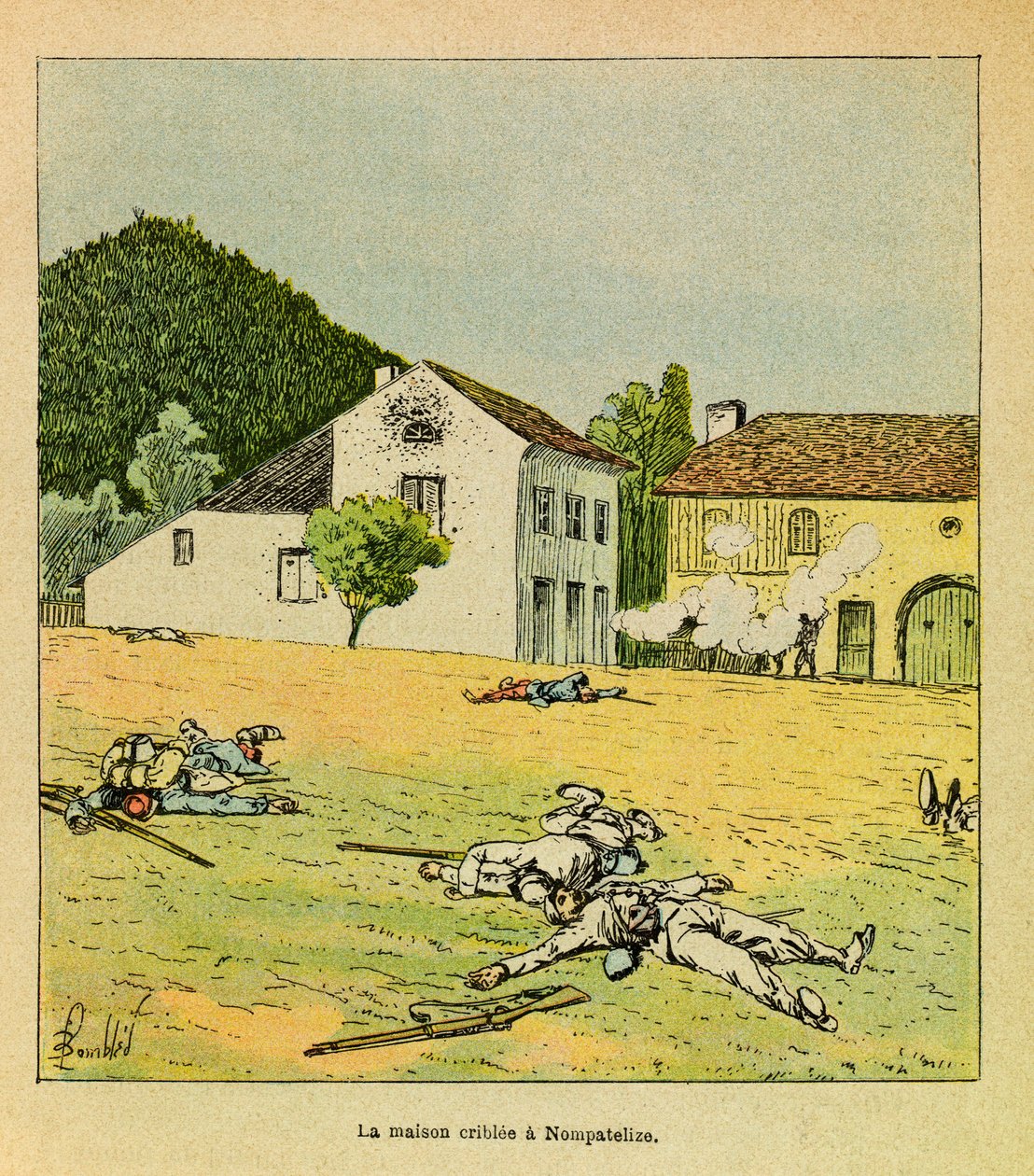 Eugene Sergeant keleti hadereje, Grenest néven, Louis Bombled (1862-1927) által illusztrálva (francia-német háború; hadjárat 1870-1871): rostált ház az 1870. októberi nompatelize-i csata során, magángyűjtemény alkotó: Louis Charles Bombled