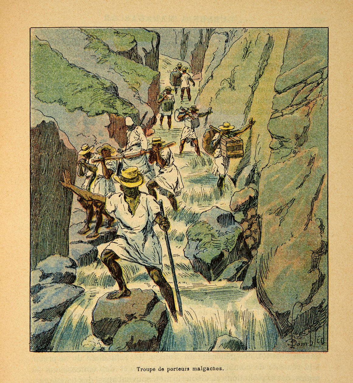 A madagaszkári háború – Az 1885–1895-ös francia expedíciók anekdotikus története, Henri Galli dit Galllichet (1854–1922), illusztrálta: Louis Bombled (1862–1927): Madagaszkári szállítócsapatok 1895-ben, Magángyűjtemény alkotó: Louis Charles Bombled