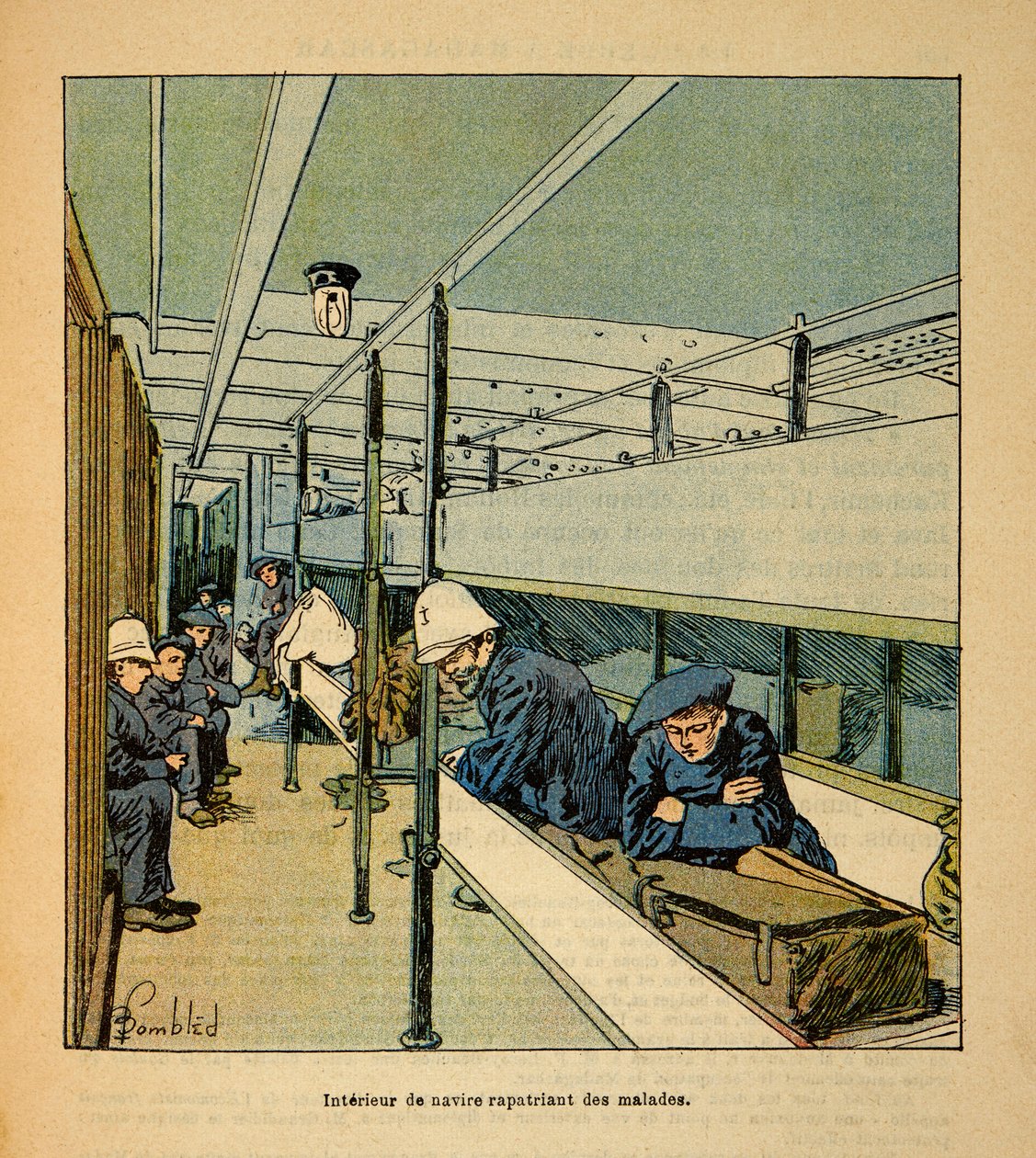 A madagaszkári háború – Az 1885–1895-ös francia expedíciók anekdotikus története, Henri Galli dit Galllichet (1854–1922), illusztrálta: Louis Bombled (1862–1927): Beteg katonákat hazaszállító kórházhajó belseje, Magángyűjtemény alkotó: Louis Charles Bombled