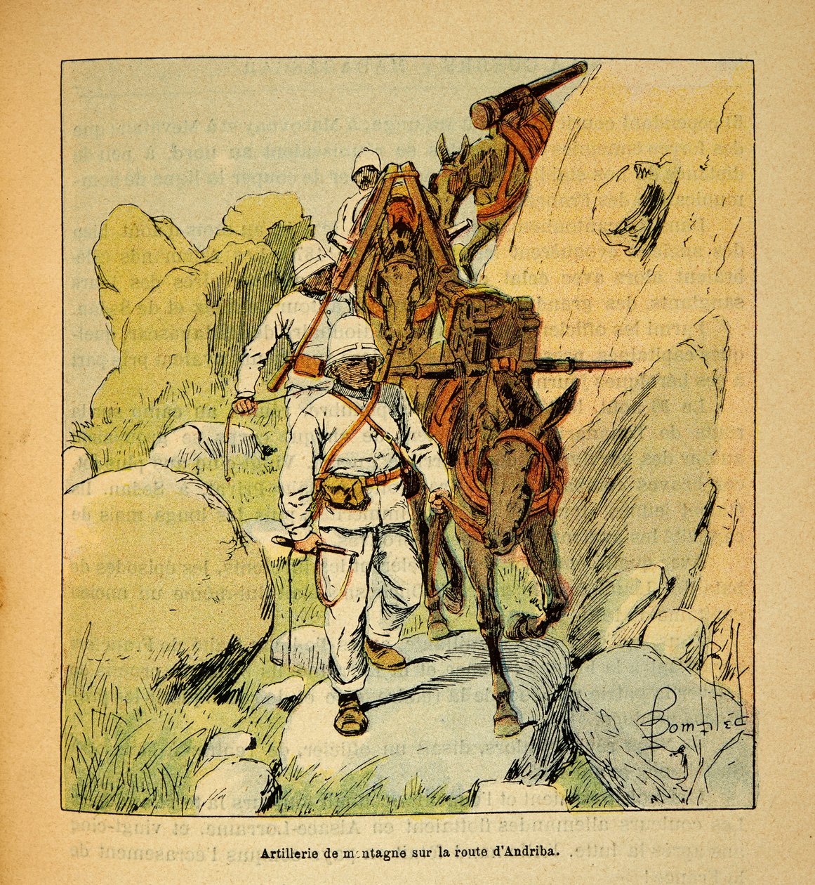 A madagaszkári háború – Az 1885-1895-ös francia expedíciók anekdotikus története, Henri Galli dit Galllichet (1854-1922), illusztrálta: Louis Bombled (1862-1927): Hegyi tüzérség az Andriba úton Madagaszkár felé 1895-ben, Magángyűjtemény alkotó: Louis Charles Bombled