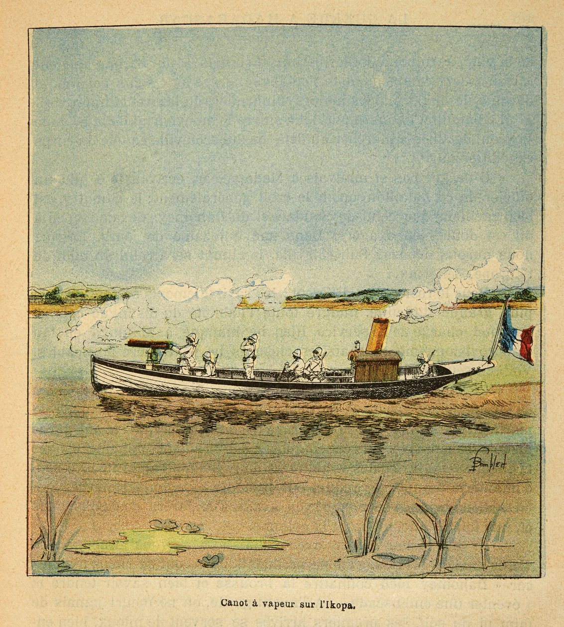 A madagaszkári háború – Az 1885-1895-ös francia expedíciók anekdotikus története, Henri Galli dit Galllichet (1854-1922), illusztrálta: Louis Bombled (1862-1927): Francia kanonok az Ikopa folyón Madagaszkáron 1895-ben, Magángyűjtemény alkotó: Louis Charles Bombled