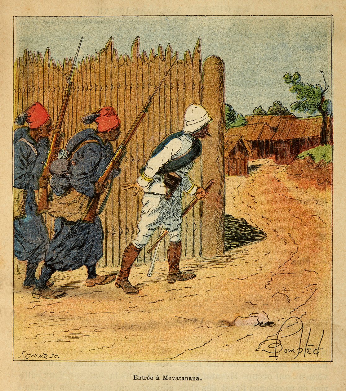A madagaszkári háború – Az 1885-1895-ös francia expedíciók anekdotikus története, Henri Galli dit Galllichet (1854-1922), illusztrálta Louis Bombled (1862-1927): A francia csapatok 1895-ben bevonultak Mevatanana faluba, magángyűjtemény alkotó: Louis Charles Bombled