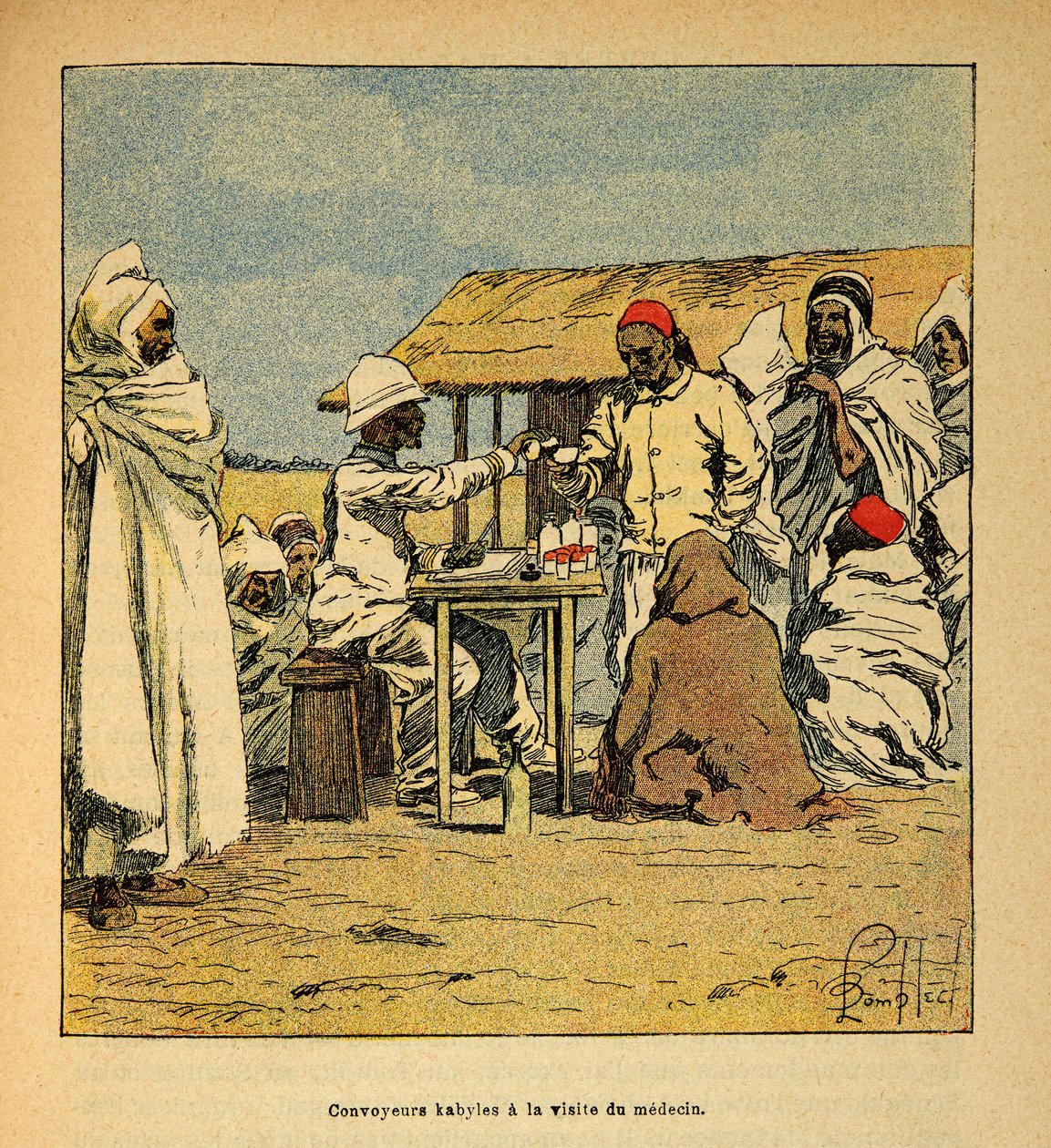 A madagaszkári háború – Az 1885-1895-ös francia expedíciók anekdotikus története, Henri Galli dit Galllichet (1854-1922), illusztrálta Louis Bombled (1862-1927): Convoyeurs Kabiles katonaorvos látogatása, Magángyűjtemény alkotó: Louis Charles Bombled